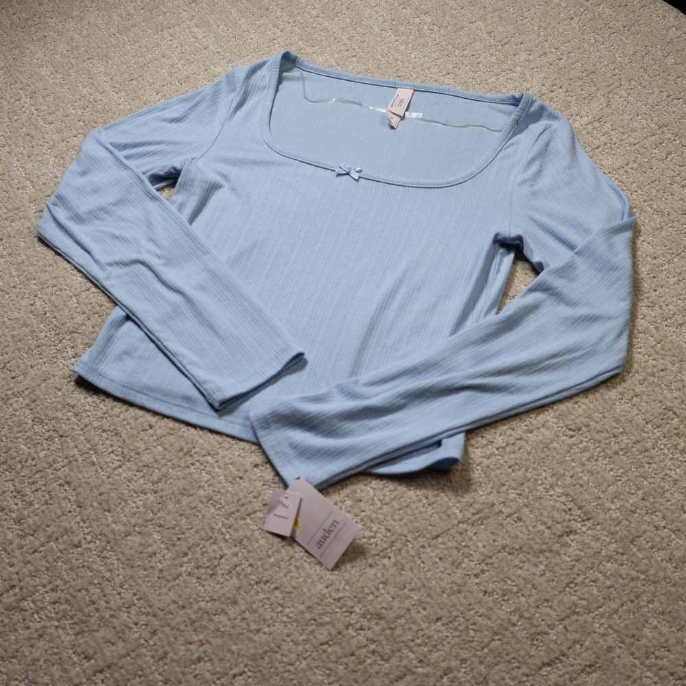 Auden Womens Blue Ribbed Long Sleeve Square Neck Sleep Top Bow Accent Small NWT